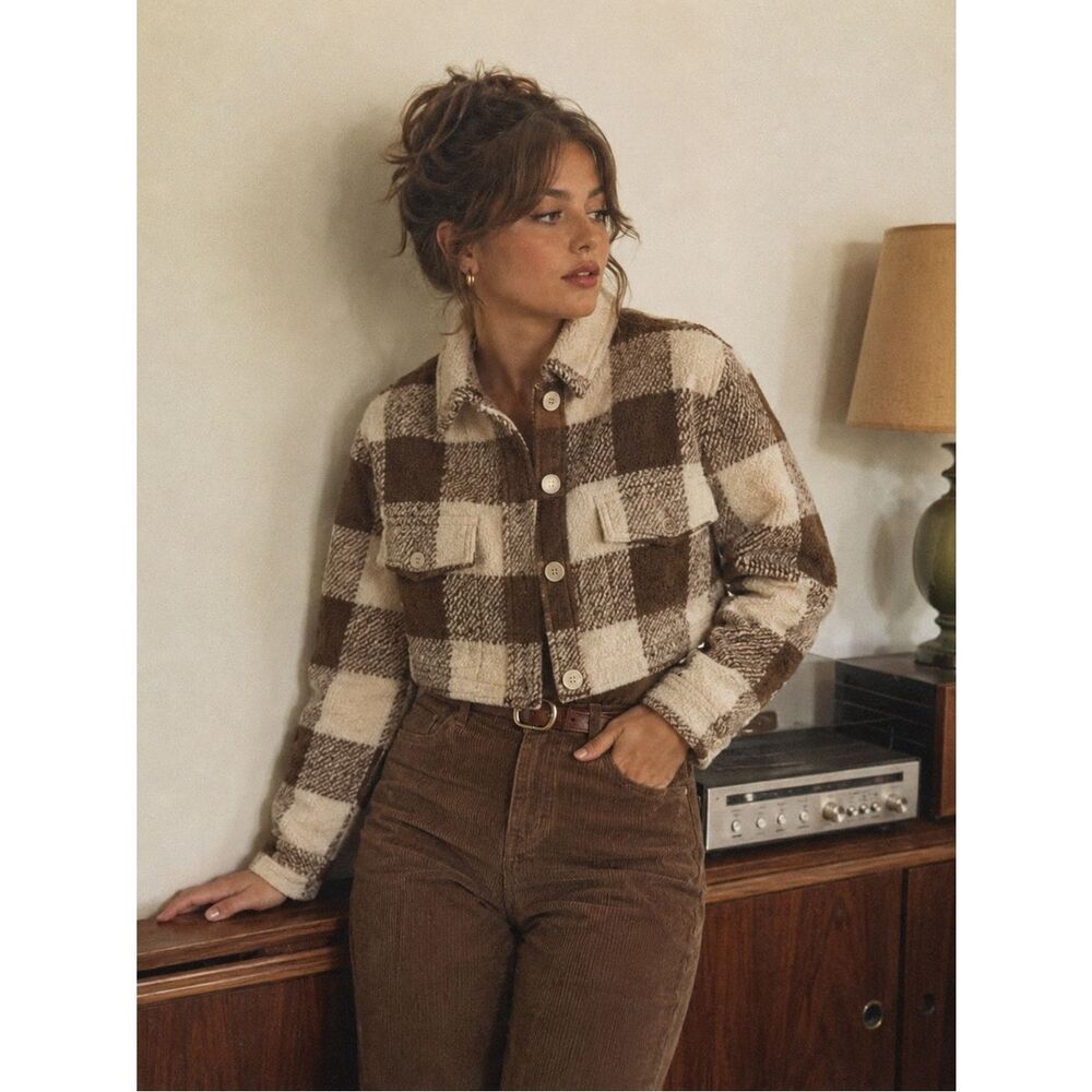 House of Harlow Buffalo Plaid Crop Wool Blend Jacket